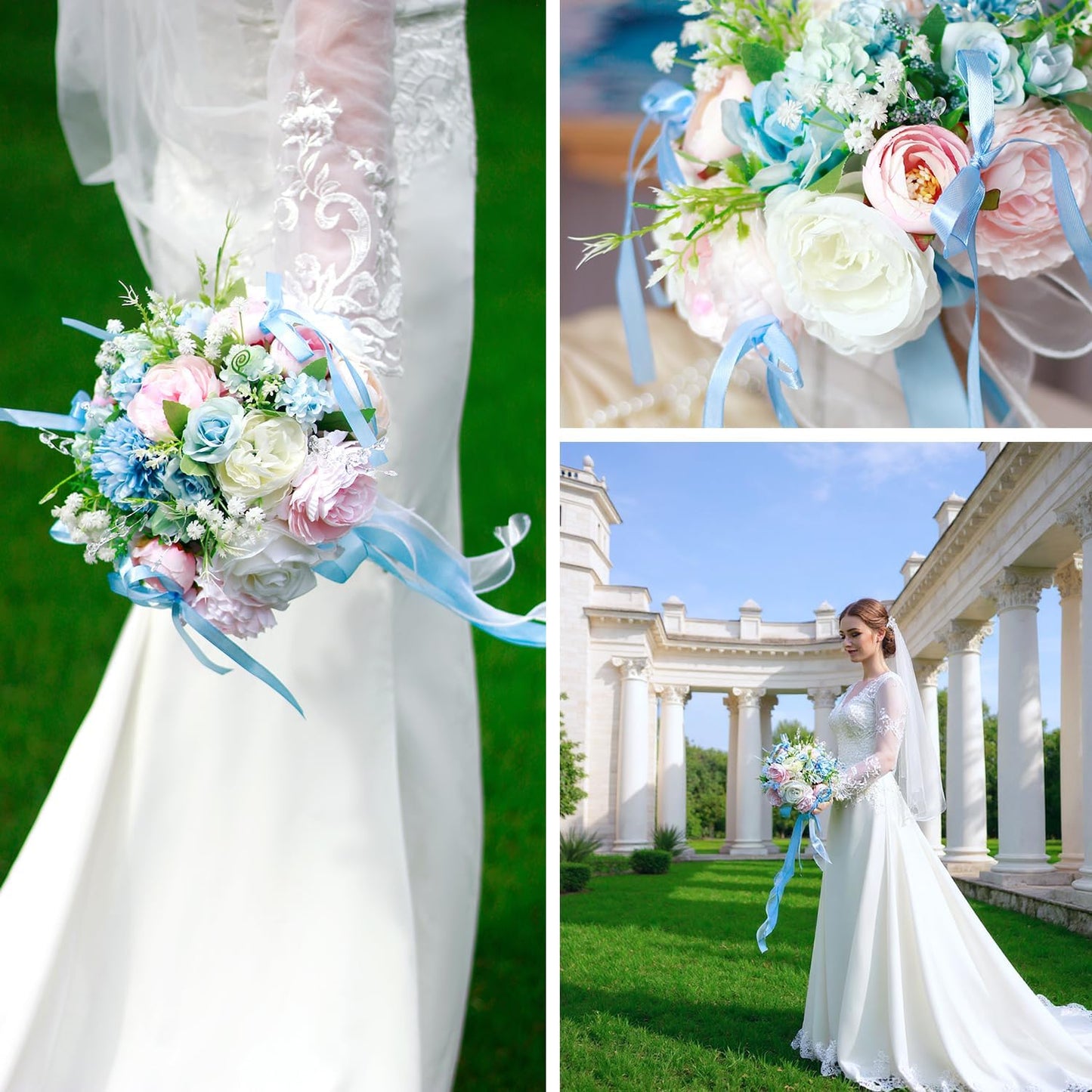 8.6in Wedding Bouquets for Bride Bridesmaid, Baby Blue Blush Pink Creamy White Bouquet with Crystal Pastel Flowers Artificial Fake Silk Roses for Wedding Rainbow Spring Beach Decoration Toss Bouquet