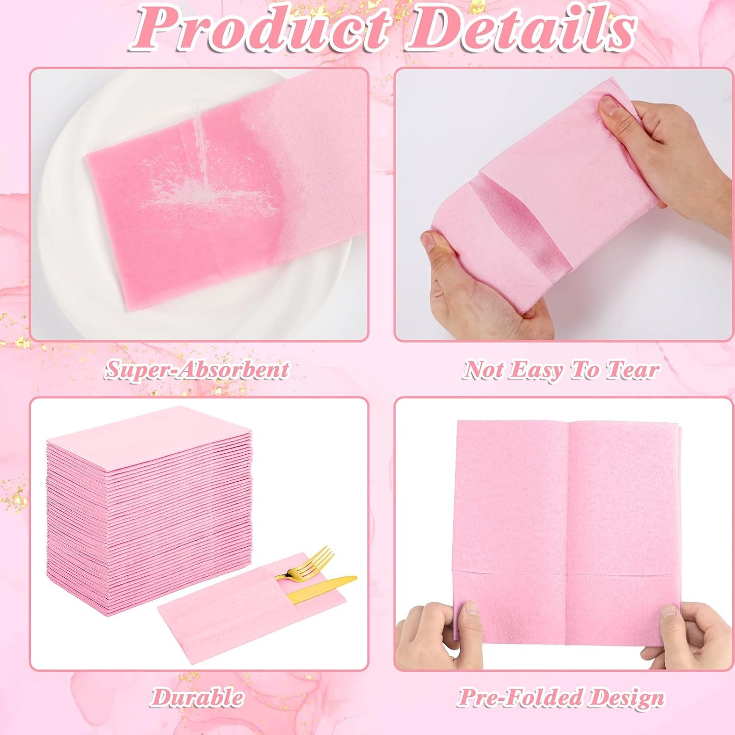 60 Pcs Pink Linen-Feel Paper Napkins with Built-in Flatware Pocket, Pocket Linen Napkin Prefolded Cloth Like Paper Napkins Bulk for Girls Birthday Baby Bridal Shower Tea Party Wedding