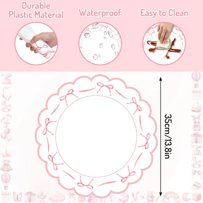 FYSUIMU Pink Bow Plastic Placemats Mother's Day Bowknot Coquette Table Mats Scalloped Place Mats for Wedding Birthday Baby Shower Bachelorette Party Kitchen Supplies, 6Pcs