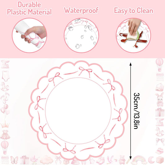 FYSUIMU Pink Bow Plastic Placemats Mother's Day Bowknot Coquette Table Mats Scalloped Place Mats for Wedding Birthday Baby Shower Bachelorette Party Kitchen Supplies, 6Pcs