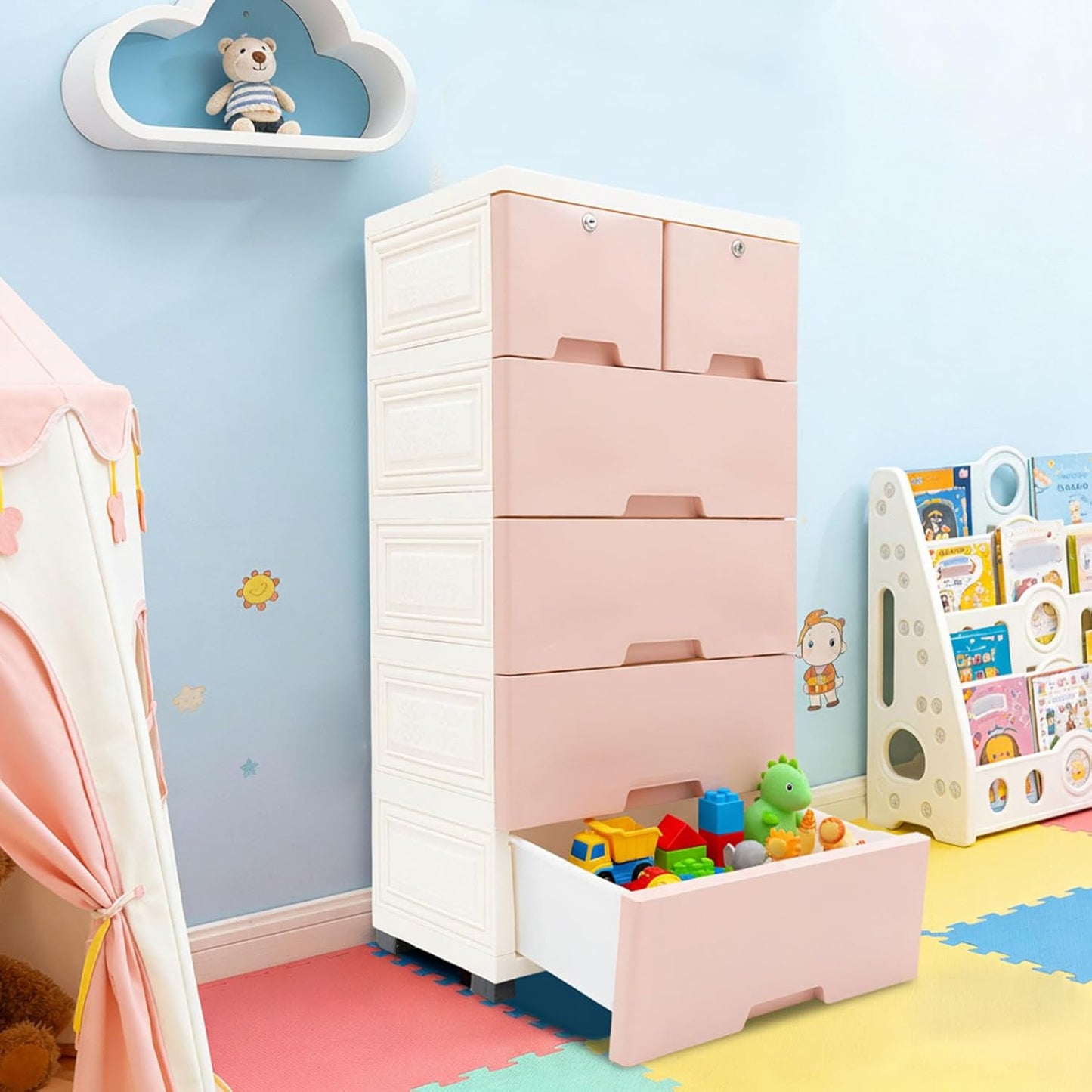 5-Layer 6-Drawer Rolling Storage Cabinet, Pink White PP Dresser with Lock, Modern Organizer, Mobile Clothes Bin with Wheels, Large Capacity, Anti-Slip, Easy Install for Bedroom