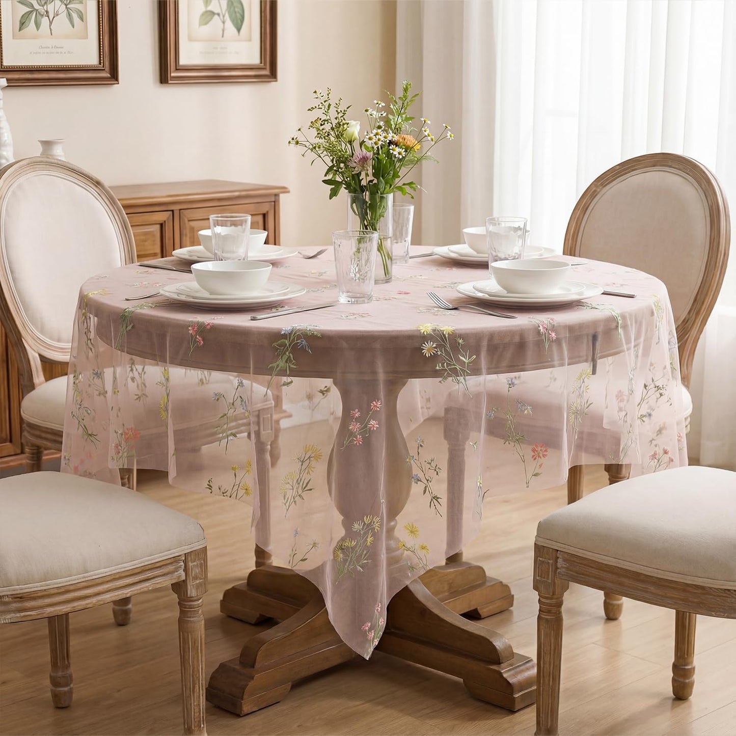 Horaldaily Embroidery Flower Plant Pink Gauze Tablecloth 60×84 Inch Rectangular, Spring Summer Tulle Table Cover, Garden Party Decorations for DIY, Wedding, Party, Holiday Dining Decor