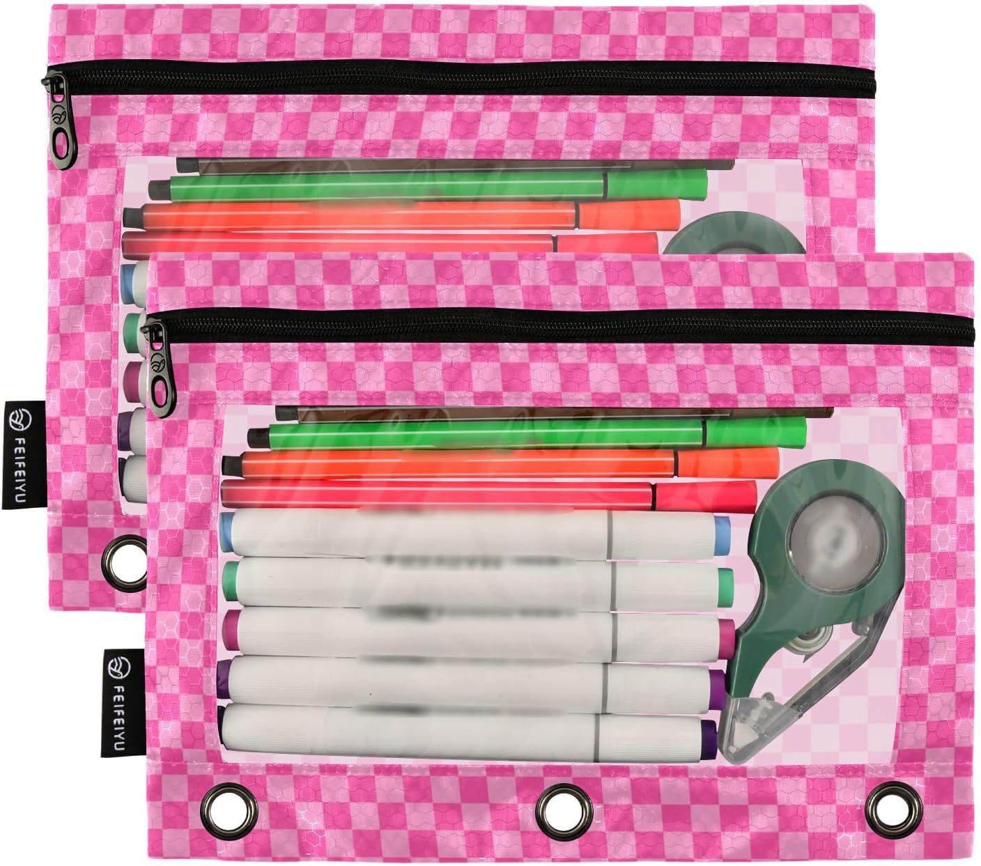 Pink Checkered Pencil Pouch for 3 Ring Binder 2 Pack Binder Pencil Pouches Zippered Clear Pencil Case Cosmetic Bag for Home Office College Supplies