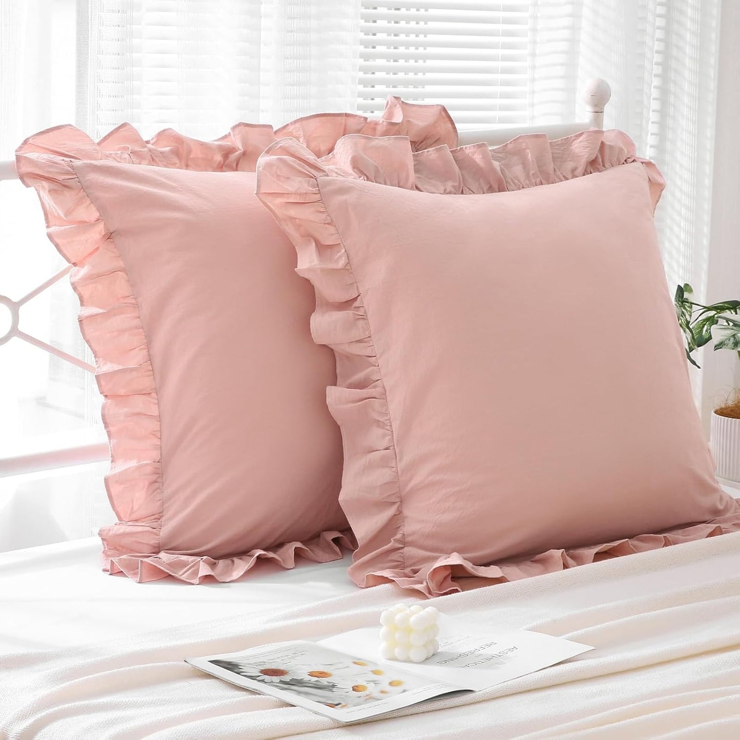 Mywinlle Ruffle Pillowcases Farmhouse Dusty Rose Throw Pillow Covers for Couch,Washed Cotton Vintage Pillow Shams for Bed, Sofa, Living Room -20"x20"