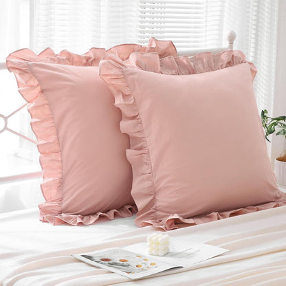 Mywinlle Ruffle Pillowcases Farmhouse Dusty Rose Throw Pillow Covers for Couch,Washed Cotton Vintage Pillow Shams for Bed, Sofa, Living Room -20"x20"