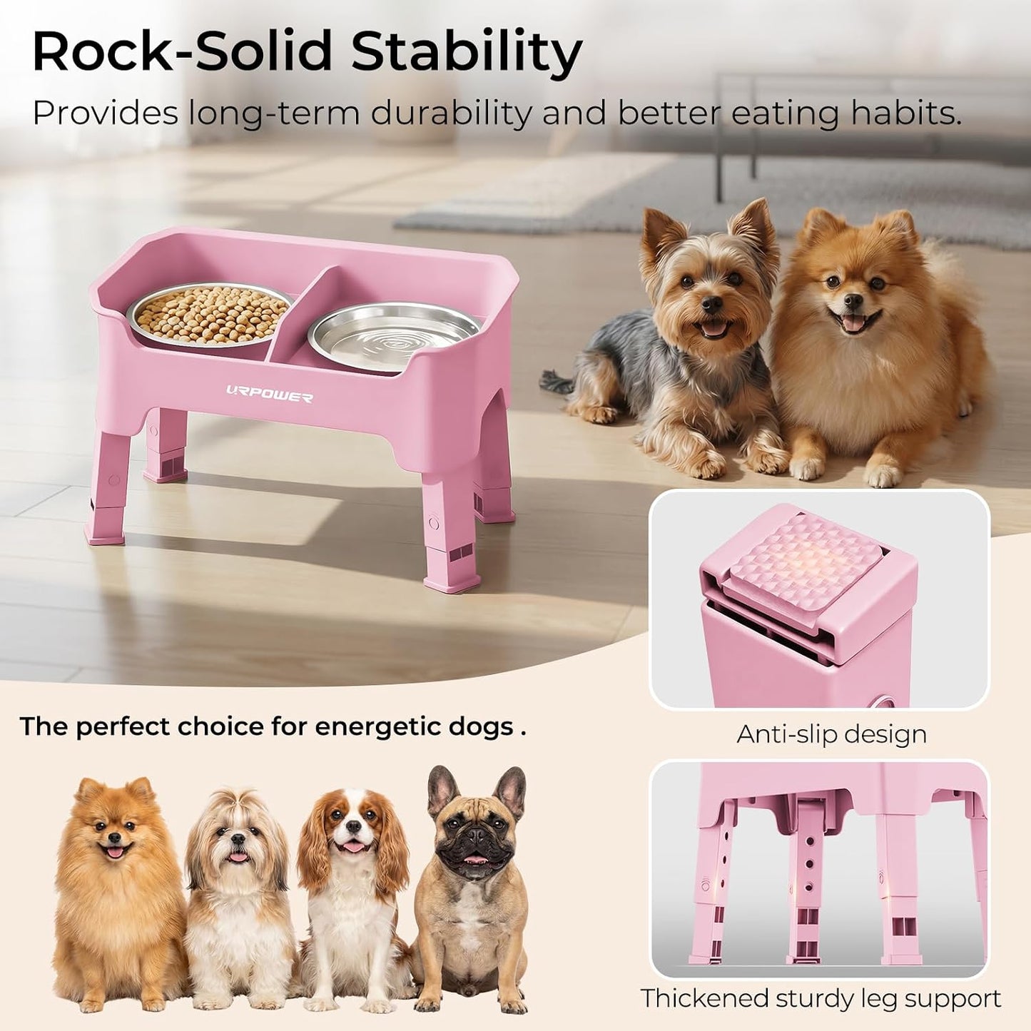 URPOWER Mess Proof Elevated Dog Bowls 4 Height Adjustable Raised Bowl Stand with 2 Stainless Steel Dog Bowls Non-Slip Food and Water Bowl Set for Small Dogs, Pink