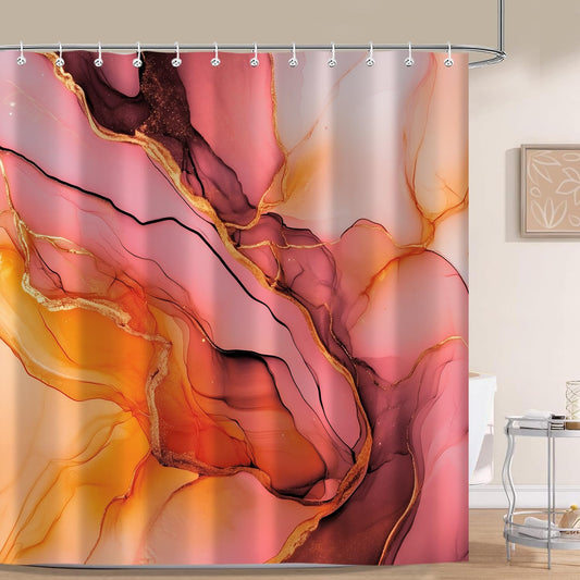Moonslim Pink Gold Marble Shower Curtains, Orange Grey Abstract Marble Shower Curtain, Modern Fabric Bath Curtain for Bathroom Decor Waterproof Cloth with Hooks 72X72 Inch