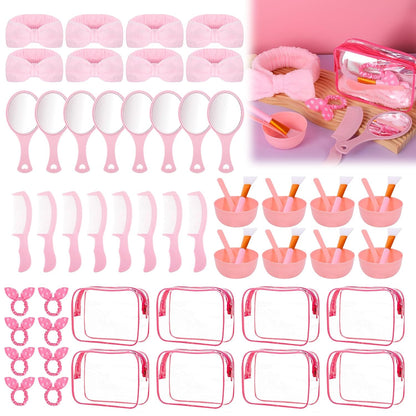 64 PCS Spa Sleepover Party Favor Supplies for Women Bulk, Include Pink Face Mask Mixing Bowl Sets, Handheld Mirrors, Combs, Headbands, Scrunchies, Cosmetic Bags for Slumber Party Supplies