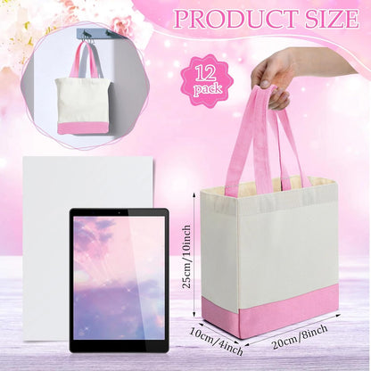 Sanwuta 12 Pack Mini Canvas Tote Bag 8'' x 4'' x 10'' Small Sublimation Blank Canvas Bags Reusable Tote for Christmas Crafts DIY Party Gifts (Pink)