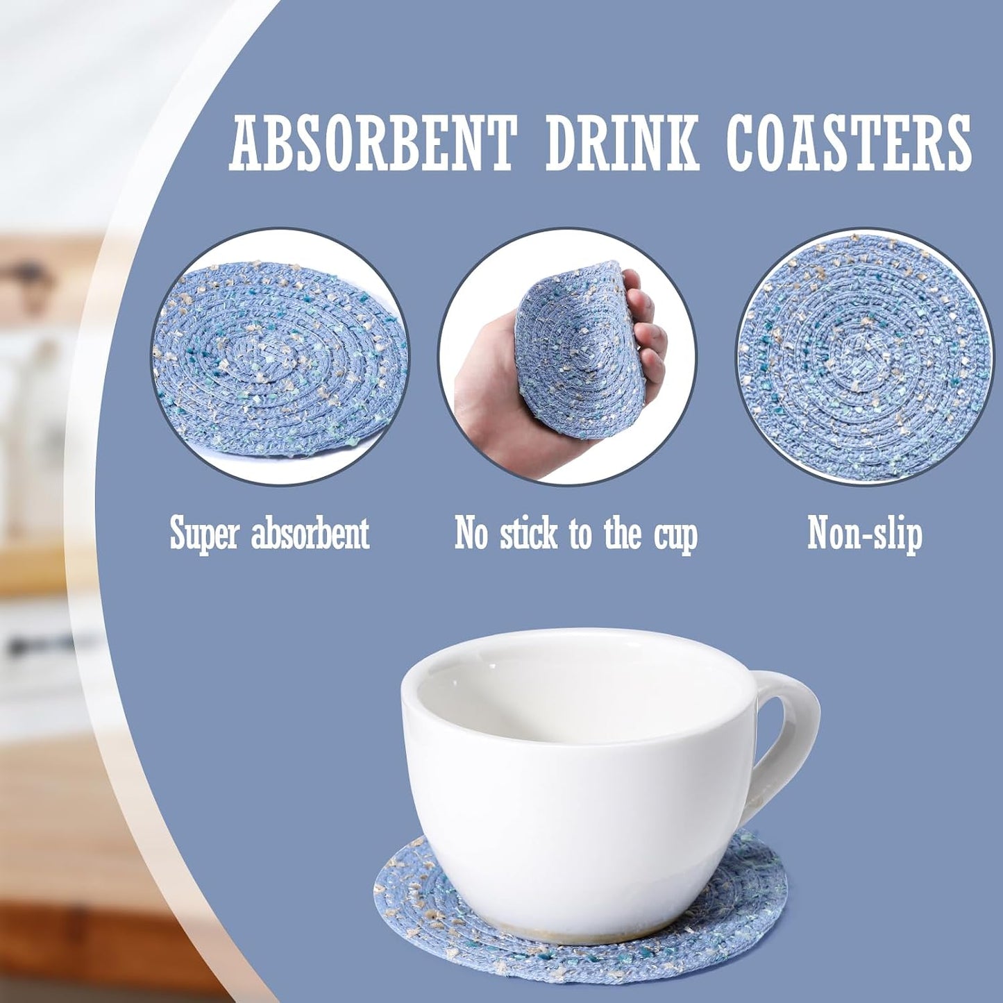 Bar Coasters Set of 6,Cotton Coasters for Drinks,Boho Coasters Pink Cup Coaster Table Coaster for Coffee, Bars,Home and Decorative Furniture 4.3 Inch (Blue)