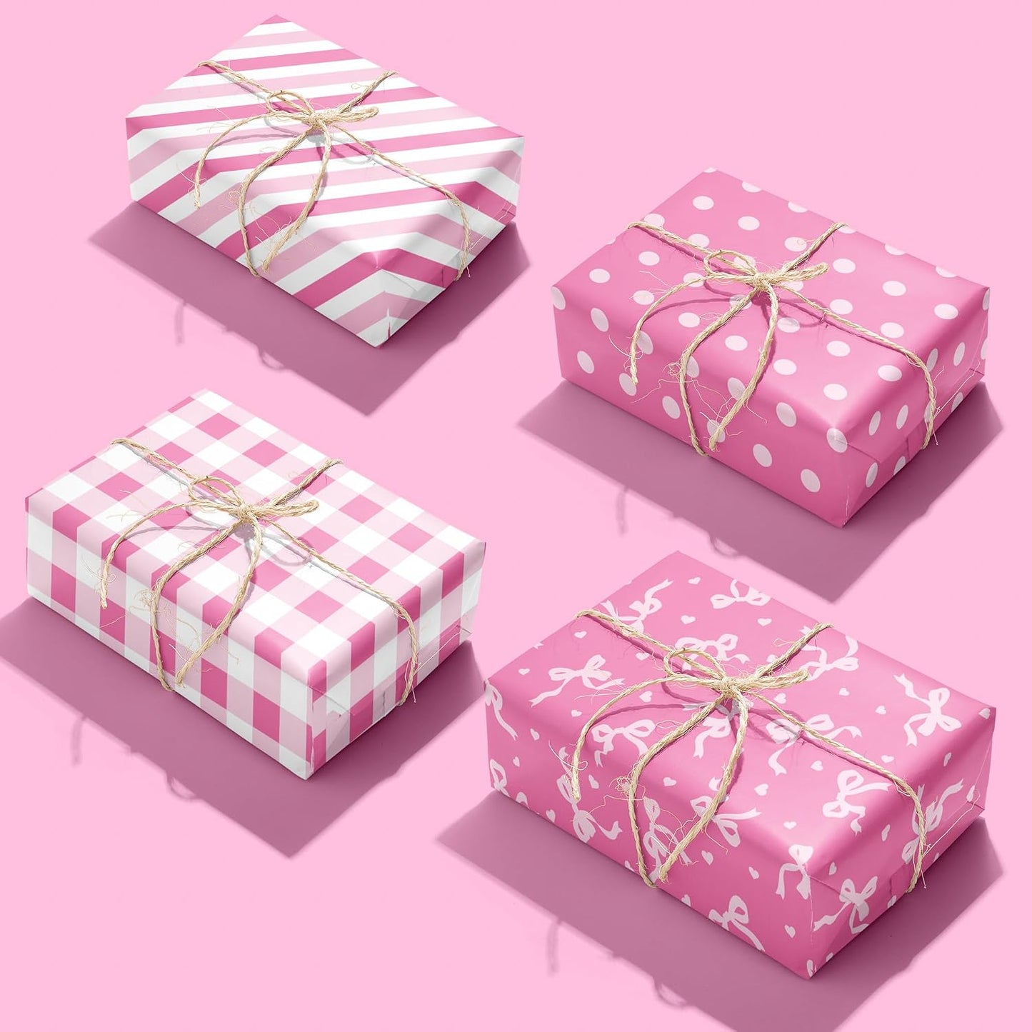 MotiGiftie Pink Wrapping Paper Sheet - 8 Sheets Folded Flat Gift Wrap with Cute Bow, Pink Plaid, Stripes and Polka Dot, Gift Paper for Girl Baby Shower, Birthday, Wedding - 20 X 28 Inch Per Sheet