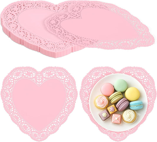 Cinnvoice 100 Pcs Heart Doilies Heart Paper Doilies Party Lace Paper Placemats Disposable Placemats for Wedding Birthday Cakes Desserts Snack Tableware Decoration(Pink,10 Inch)