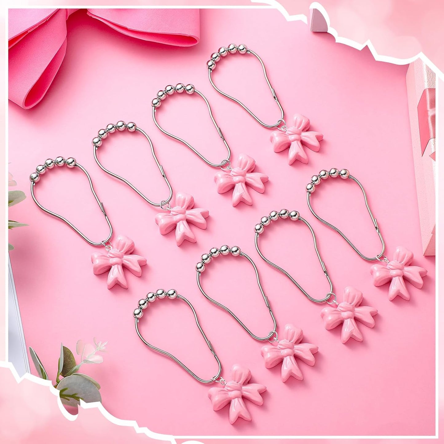 Yaocom 12 Pcs Pink Bow Knot Shower Curtain Hooks Rustproof Metal Decorative Bow Knot Shower Hangers Bulk Cute Glide Curtain Rings for Girl Bathroom Bedroom Living Room Nursery Art Decor (Stylish)