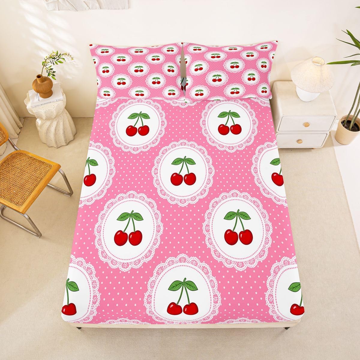 Manfei Cute Cherry 3pc Bedding Set Polka Dots Fruits Deep Pocket Bed Cover for Kids Boys Girls Princess Style Sheet Set(Queen Flat & Fitted Sheet with 2 Pillow Cases),Peach Pink