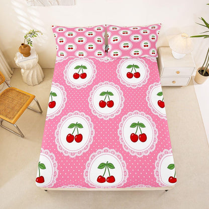 Manfei Cute Cherry 3pc Bedding Set Polka Dots Fruits Deep Pocket Bed Cover for Kids Boys Girls Princess Style Sheet Set(Queen Flat & Fitted Sheet with 2 Pillow Cases),Peach Pink