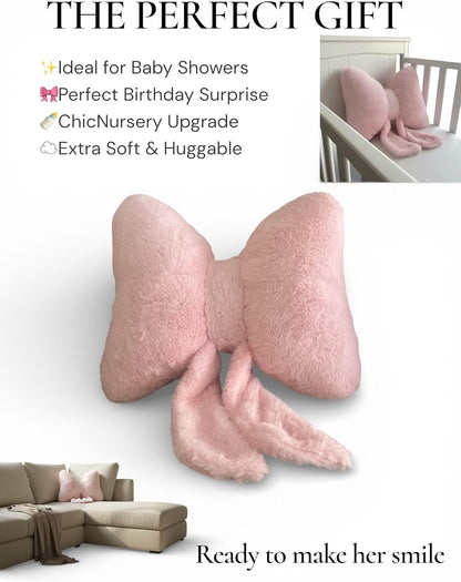 Pink Bow Pillow - Aesthetic Coquette Bowknot Decorative Pillow for Bedroom, Cute Velvet Ribbon Knot Cushion for Girls Room Decor, Large 16x13in Soft Plush Throw Pillow for Bed or Sofa