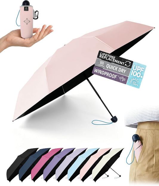 Mini Umbrella for Travel Compact - UPF 100+ UV Sun Umbrella for Purse Backpack,Super mini Sturdy Pocket Folding Umbrella with Absorbent Sleeve, Heavy Duty Parasol
