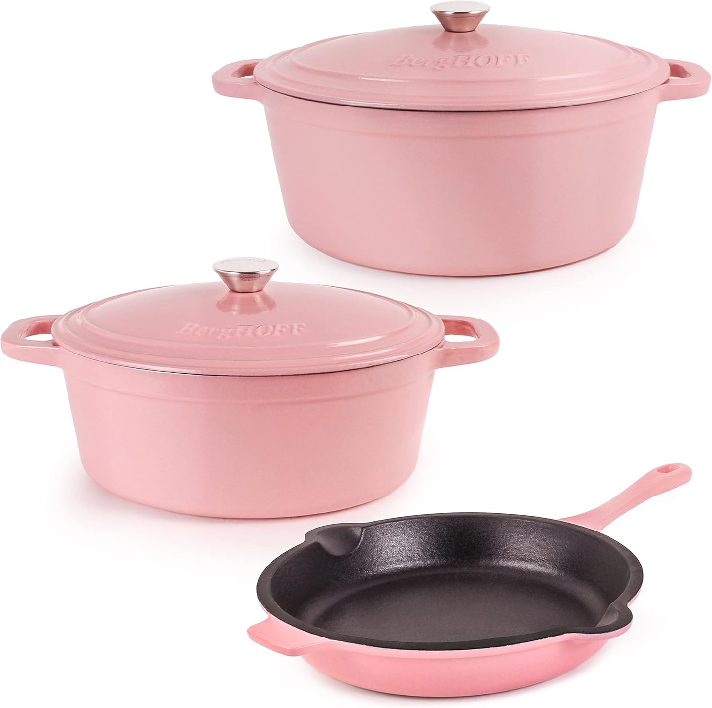 BergHOFF Neo 5Pc Enameled Cast Iron Cookware Set, 5qt., 8qt. Dutch Ovens, Matching Lids, Fry Pan 10 Inches, Fast, Evenly Heat, Oven Safe (Pink)