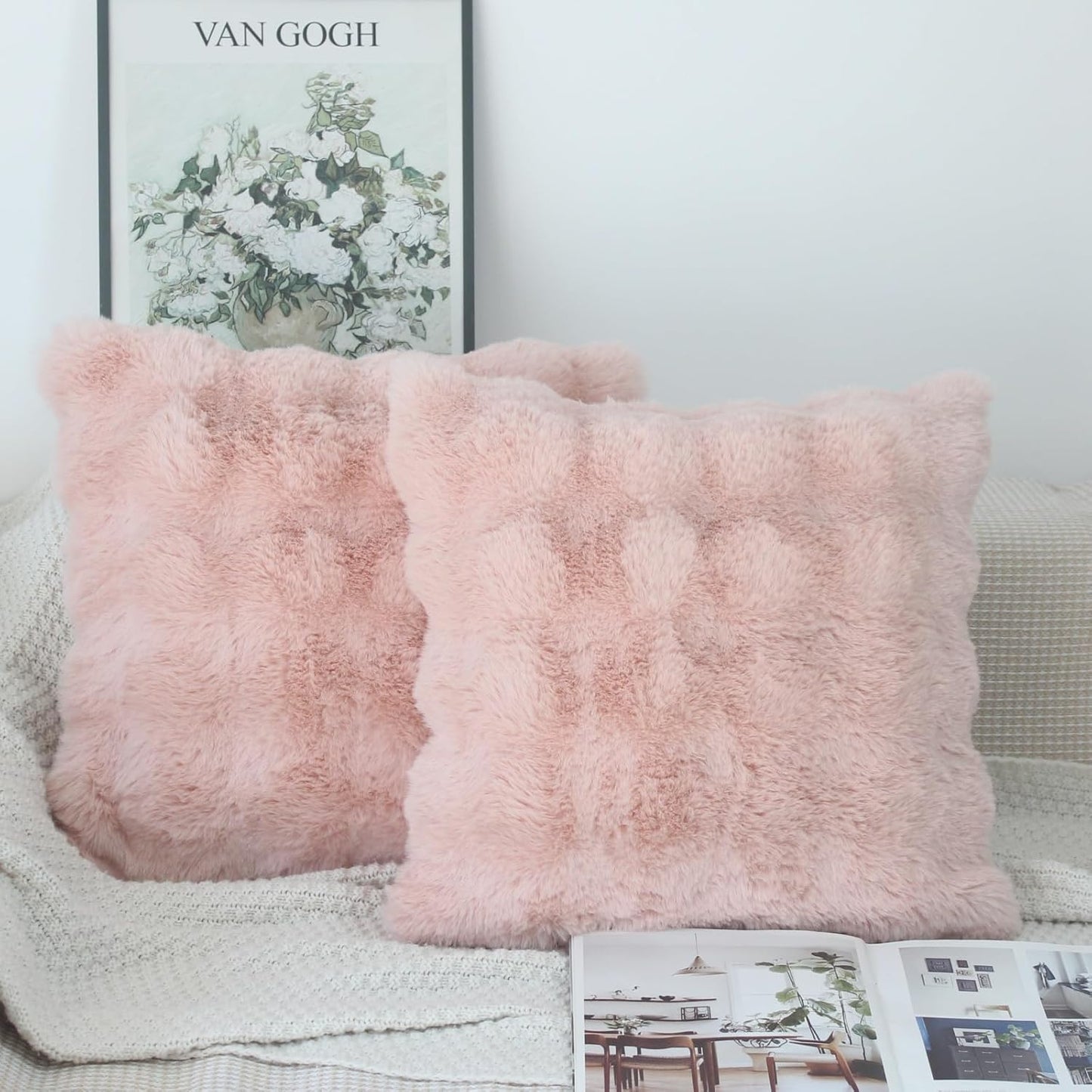 NIULAA Soft Fluffy Faux Fur Throw Pillow Covers 18x18 Blush Pink Set of 2 Luxury Thick Plush Cute Decorative Pillowcases for Sofa Couch Living Room