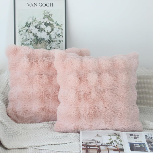 NIULAA Soft Fluffy Faux Fur Throw Pillow Covers 18x18 Blush Pink Set of 2 Luxury Thick Plush Cute Decorative Pillowcases for Sofa Couch Living Room