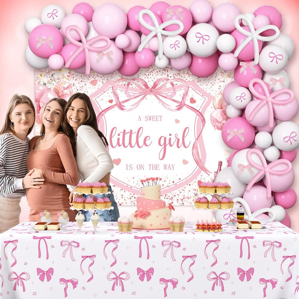 AIBIIN 120Pcs Pink Baby Shower Decorations for Girls, Pink Bows A Sweet Little Girl is on The Way Coquette Backdrop Balloon Set with Bow Tablecloth Newborn It's A Girl Party Banner Photo Booth Props