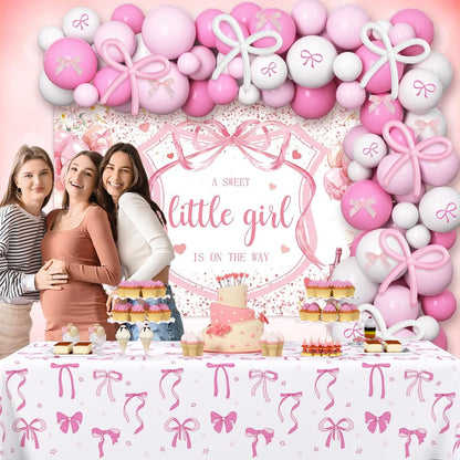 AIBIIN 120Pcs Pink Baby Shower Decorations for Girls, Pink Bows A Sweet Little Girl is on The Way Coquette Backdrop Balloon Set with Bow Tablecloth Newborn It's A Girl Party Banner Photo Booth Props