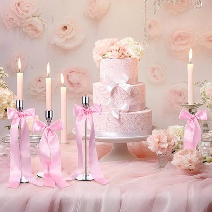 Teenyyou 12 Pcs Pink Candlestick Bows Decor 13 Inch Large Coquette Decorations Bows for Table Self Adhesive Candle Holder Gift Wrapping Wedding Bridal Shower Bachelorette Party Centerpieces