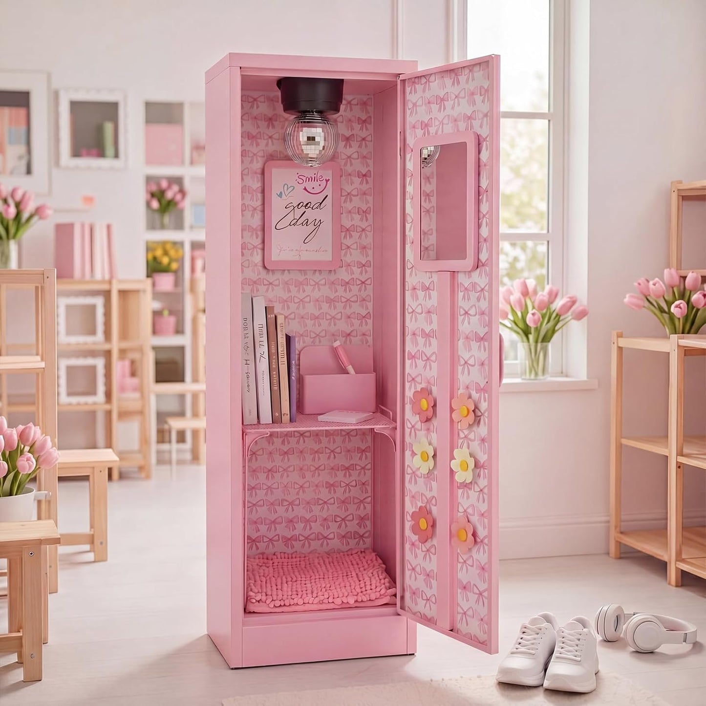 Pinkunn 17 Pcs Disco Ball Locker Accessories Include Locker Organizer Shelf Disco Ball Rug Magnetic Mirror Whiteboard Pen Holder Flower Magnets Marker for Back to School Essentials (Pink,Preppy)