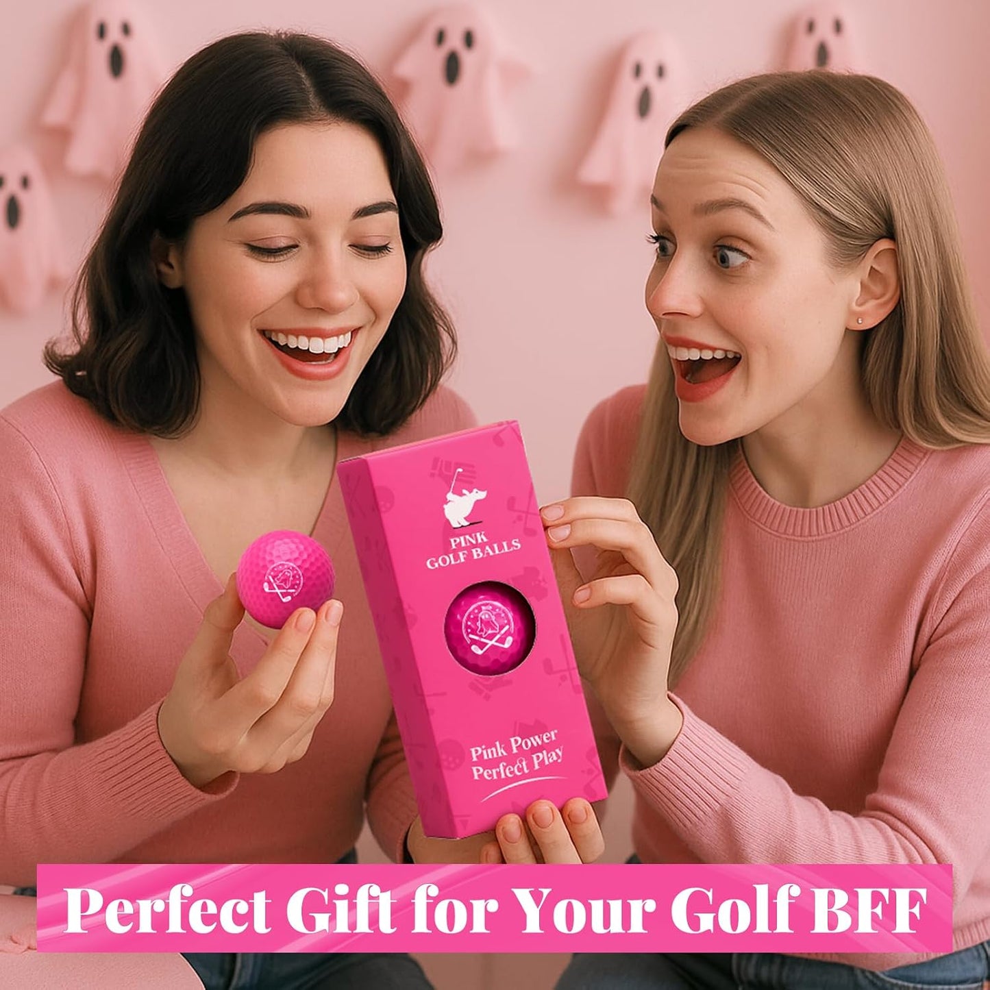 Ghost Pink Funny Golf Balls for Women – Shocked Emoji Face, High-Visibility Pink, Sleeve of 3 Novelty Practice Balls, Cute Golf Gift for Her, Ladies & Girls