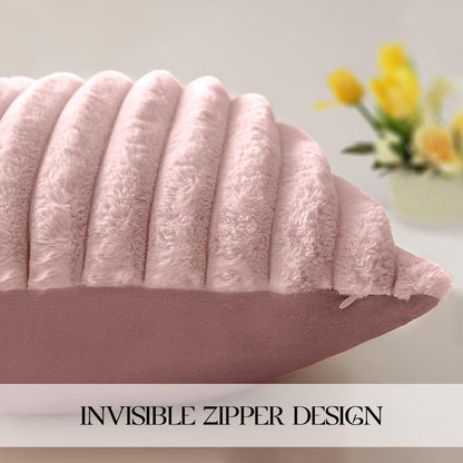 MOSAYT Spring Faux Fur Pillow Covers 18x18 Inch Set of 2, Soft Square Fluffy Striped Modern Decorative Throw Pillow Covers for Sofa, Bedroom, and Living Room, Blush Pink