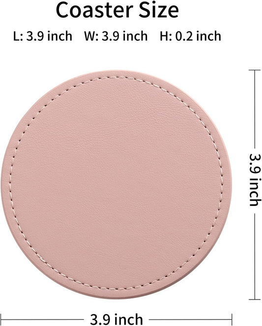 CASEGRACE Drink Coasters with Metal Holder Stand Set of 6, PU Leather Absorbent Coasters with Cork Base Table Coaster Set Decorative Coffee Cup Coasters Housewarming Gift for Home Decor