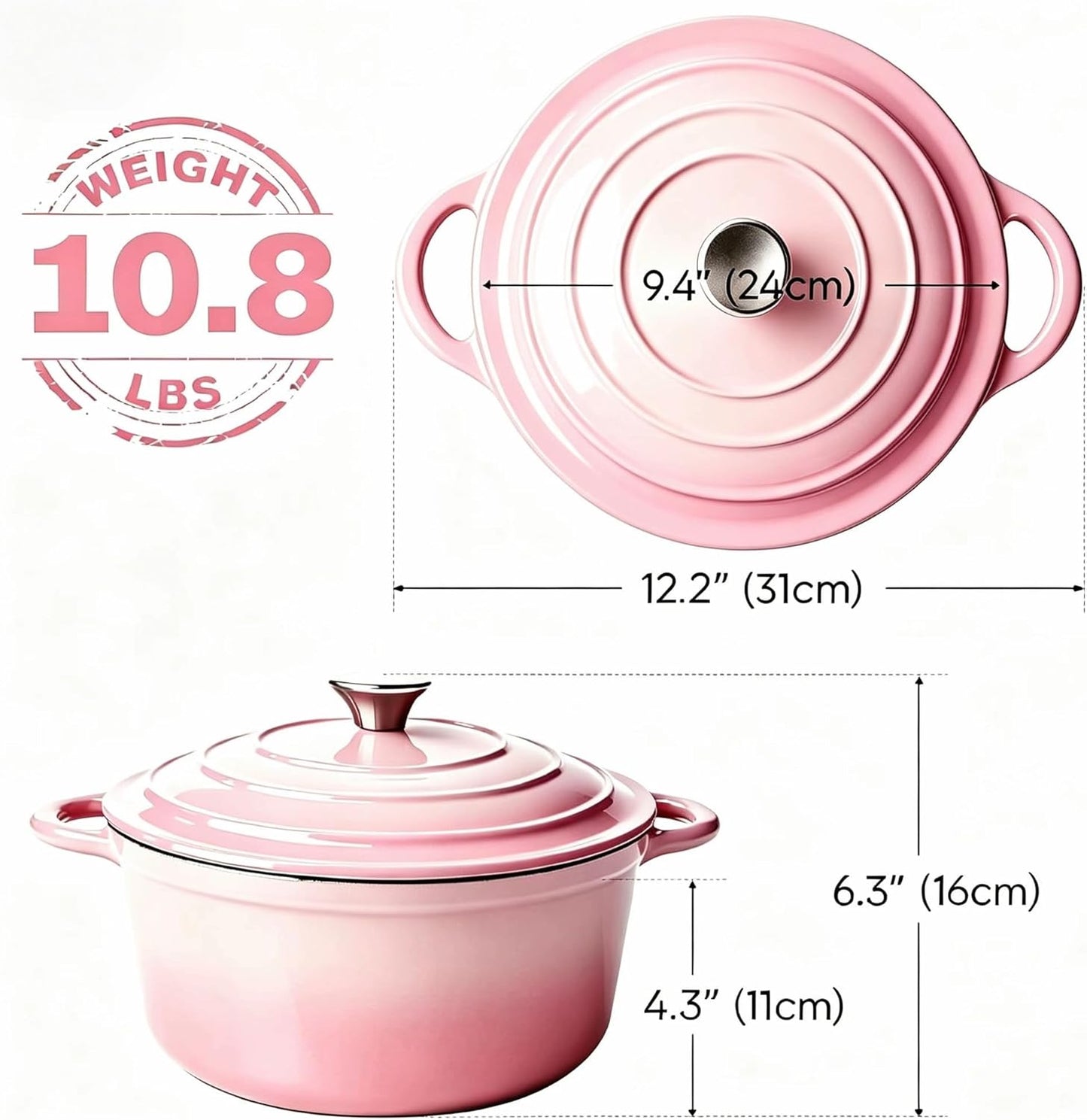 Enameled Cast Iron Dutch Oven 4.5QT with Lid & Heat Resistant Gloves Heavy-Duty Cookware for Roasting, Baking, Sauteing and Bread Making Pink