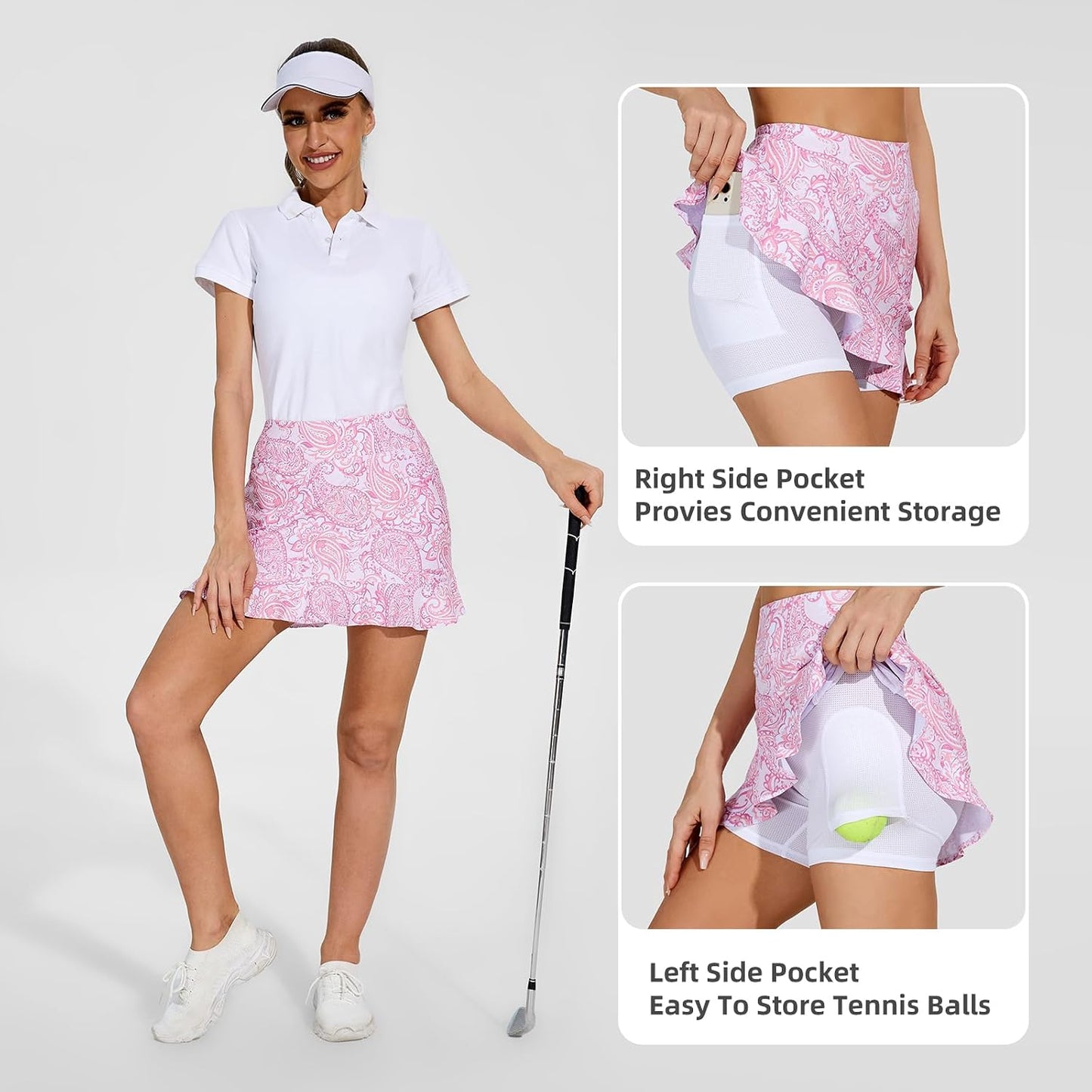 M MOTEEPI Women's Golf Skorts with Pockets High Waisted Tennis Skirt Built-in Shorts Quick Dry Athletic Ruffle Swim Skirt