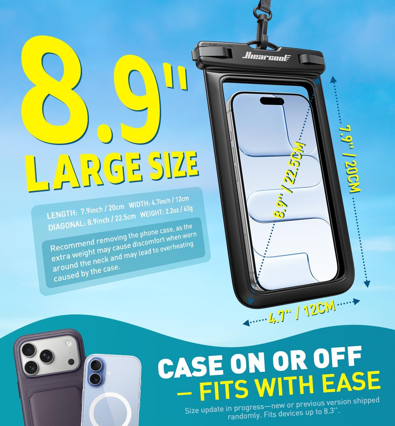 Hiearcool Universal Waterproof Case, Waterproof Phone Pouch Compatible for iPhone 17 16 15 14 13 Pro Max XS Plus Samsung Galaxy S22 Cellphone Up to 8.9", IPX8 Cellphone Beach Bag for Travel - 2 Pack