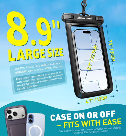 Hiearcool Universal Waterproof Case, Waterproof Phone Pouch Compatible for iPhone 17 16 15 14 13 Pro Max XS Plus Samsung Galaxy S22 Cellphone Up to 8.9", IPX8 Cellphone Beach Bag for Travel - 2 Pack