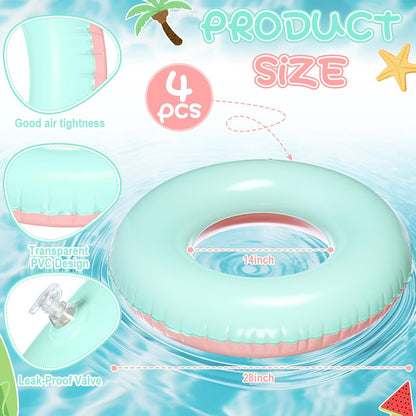 4 Pcs Inflatable Pool Floats for Adults Pastel Inner Tubes Macaron Pool Rings Floaties for Birthday Beach Swimming Shower Bachelorette Party Decorations(Green,Pink,28'')