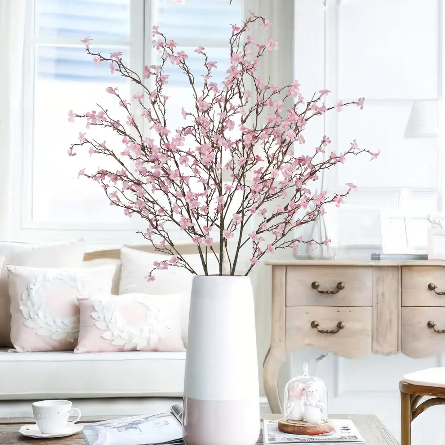 3 Pcs Cherry Blossom Branches Artificial Flowers for Spring Summer Indoor Decoration Faux Cherry Blossom Long Stems Light Pink Silk Fake Flowers for Tall Vase Arrangements Home Wedding Table