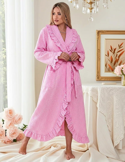 Gihuo Cotton Robes for Women Gingham Long Sleeve Ruffle Trim Robe Bathrobe Lightweight Plaid Loungewear Sleepwear