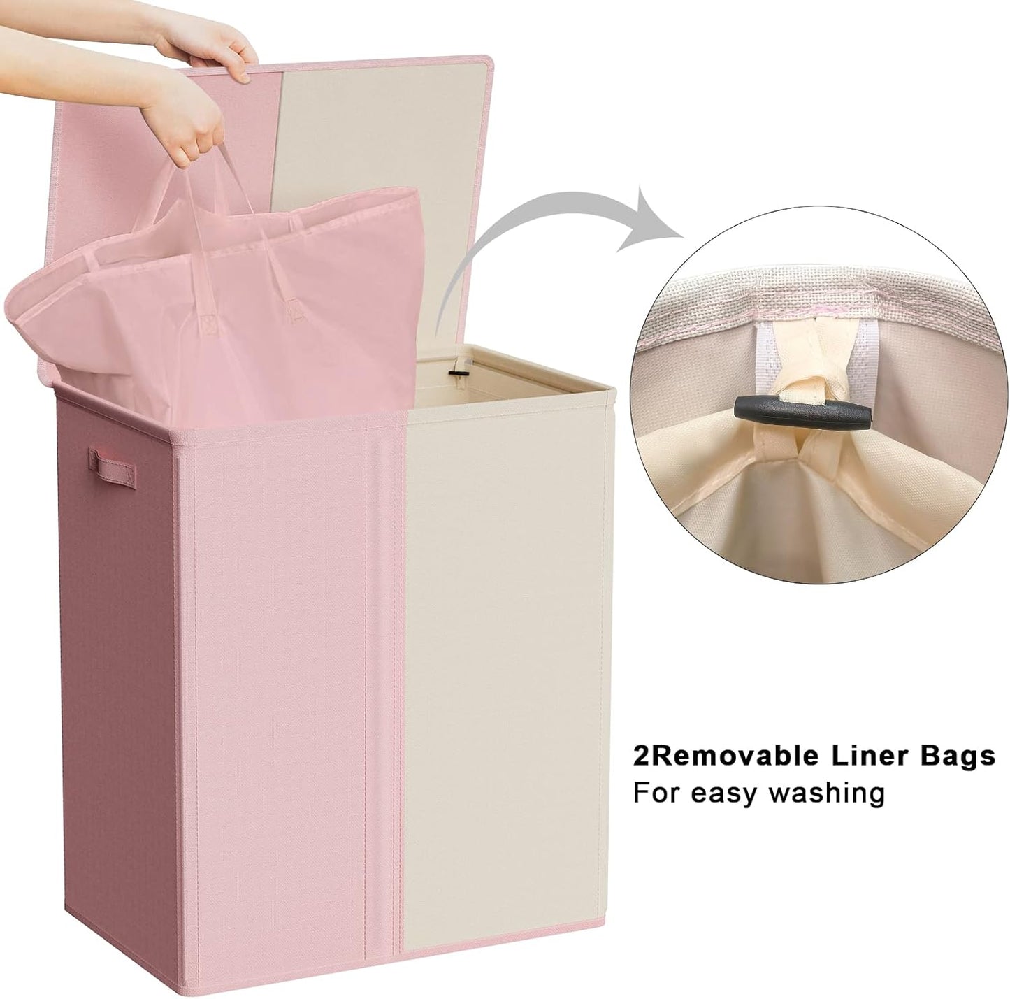 WOWLIVE Double Laundry Baseket with Lid and Removable Laundry Bags,154L Large Laundry Hamper 2 Section Collapsible Dirty Clothes Hamper for Laundry Room,College Dorm,Bathroom,Pink and Beige