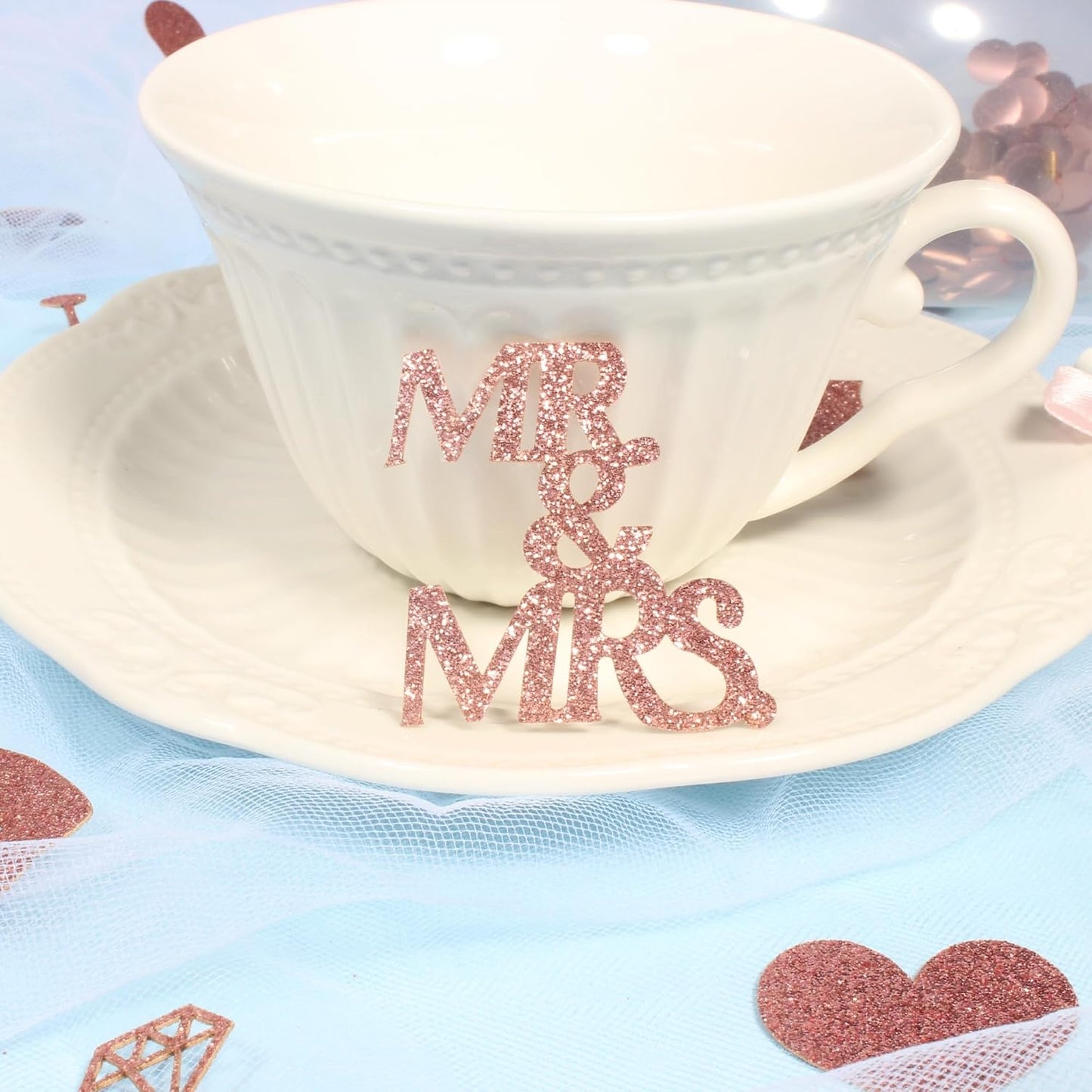 200PC Rose Gold Wedding Confetti for Bridal Shower Decorations Heart Ring Mr&Mrs Table Scatter for Bachelorette Engagement Party Decorations