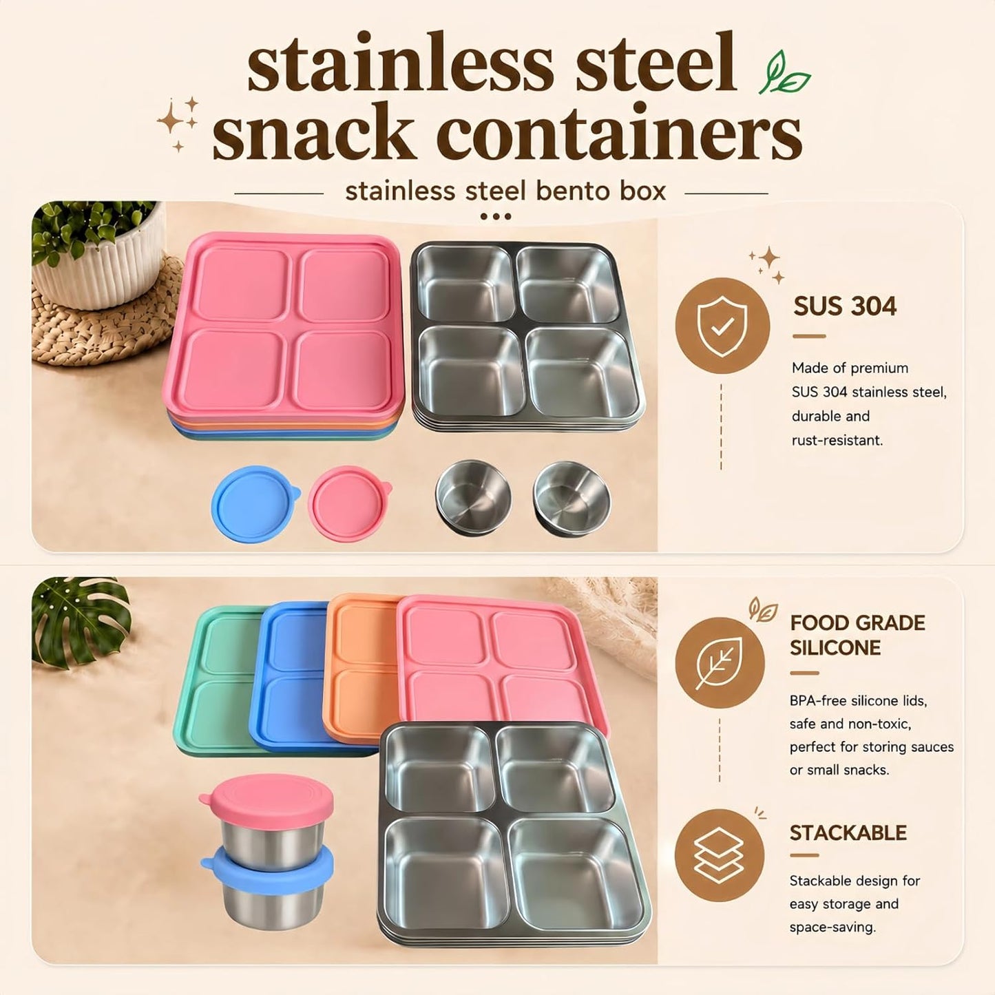 Snack Containers With Lids,4 Compartment Snack Containers,Reusable Stainless Steel Lunch Container,Comes with a Leak-Proof Silicone Lid ,for Travel,Camping,Work (Blue,Pink, Apricot,Light green)