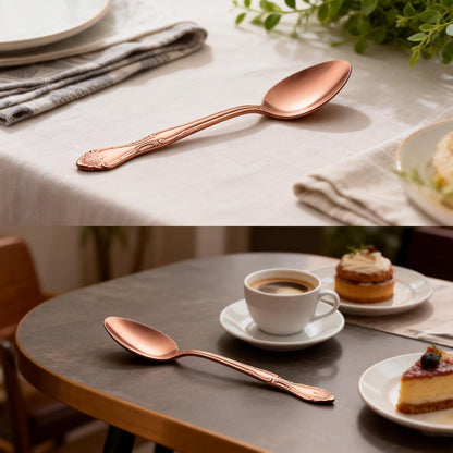 7.1-Inch Matte Rose Gold Dinner Spoons Set of 12, 430 Stainless Steel Satin Finish Soup Spoons, Rose Pattern Heavy Duty Silverware Spoon Set, Dishwasher Safe for Home, Restaurant & Camping