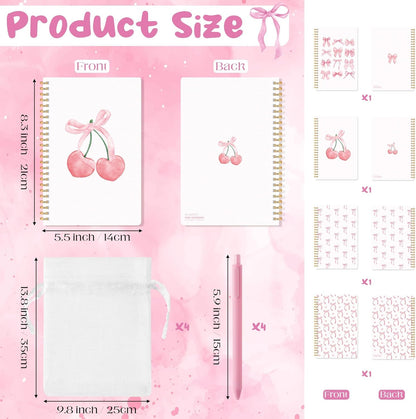 CNhoqc Pink Bow Journal Notebook - 4-Sets A5 Watercolor Coquette College Ruled Paper Lined Page Spiral Bound Notebook Ballpoint Pen Organza Bag Note Taking Work High School Supplies Graduation Gift
