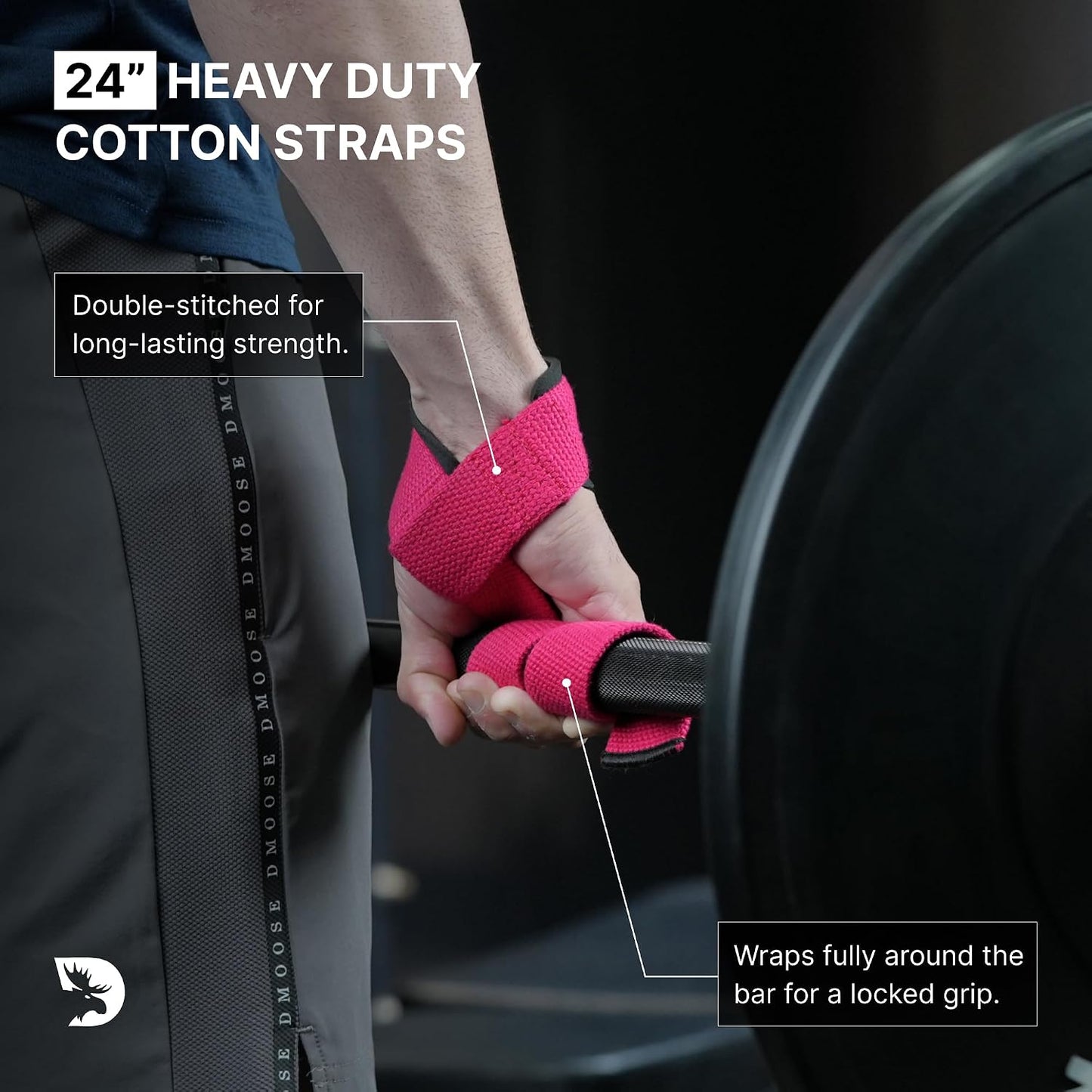 DMoose Fitness Lifting Straps 24" (Pair) - 5mm Padded Durable Wrist Straps for Weightlifting & Powerlifting - Cotton Lifting Strap with Silicone Grip for Men & Women - Deadlift Strap for Gym Workout