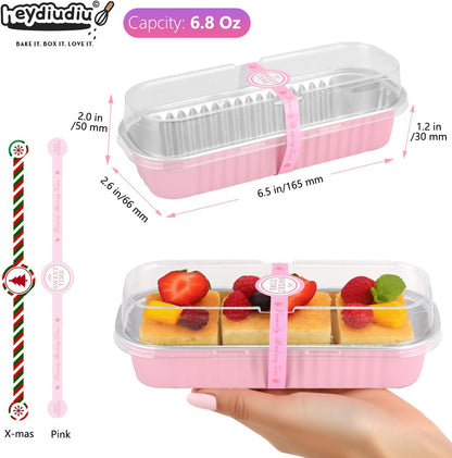 Mini Loaf Pans With Lids and Spoons, 100 PCS 6.8oz Mini Cake Pans for Baking, Aluminum Foil Loaf Pans, Small Aluminum Cake Tins, Cake Pans with Clear Lids,Sporks，Stickers(Pink)