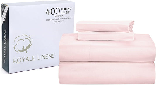 ROYALE LINENS 400 Thread Count 100% American Grown Cotton 4 Piece Sateen King Sheet Set - 1 Fitted Sheet, 1 Flat Sheet, 2 Pillow case - Pink King Bedsheet - Cotton Sheets - (King, Kyoto Blush)