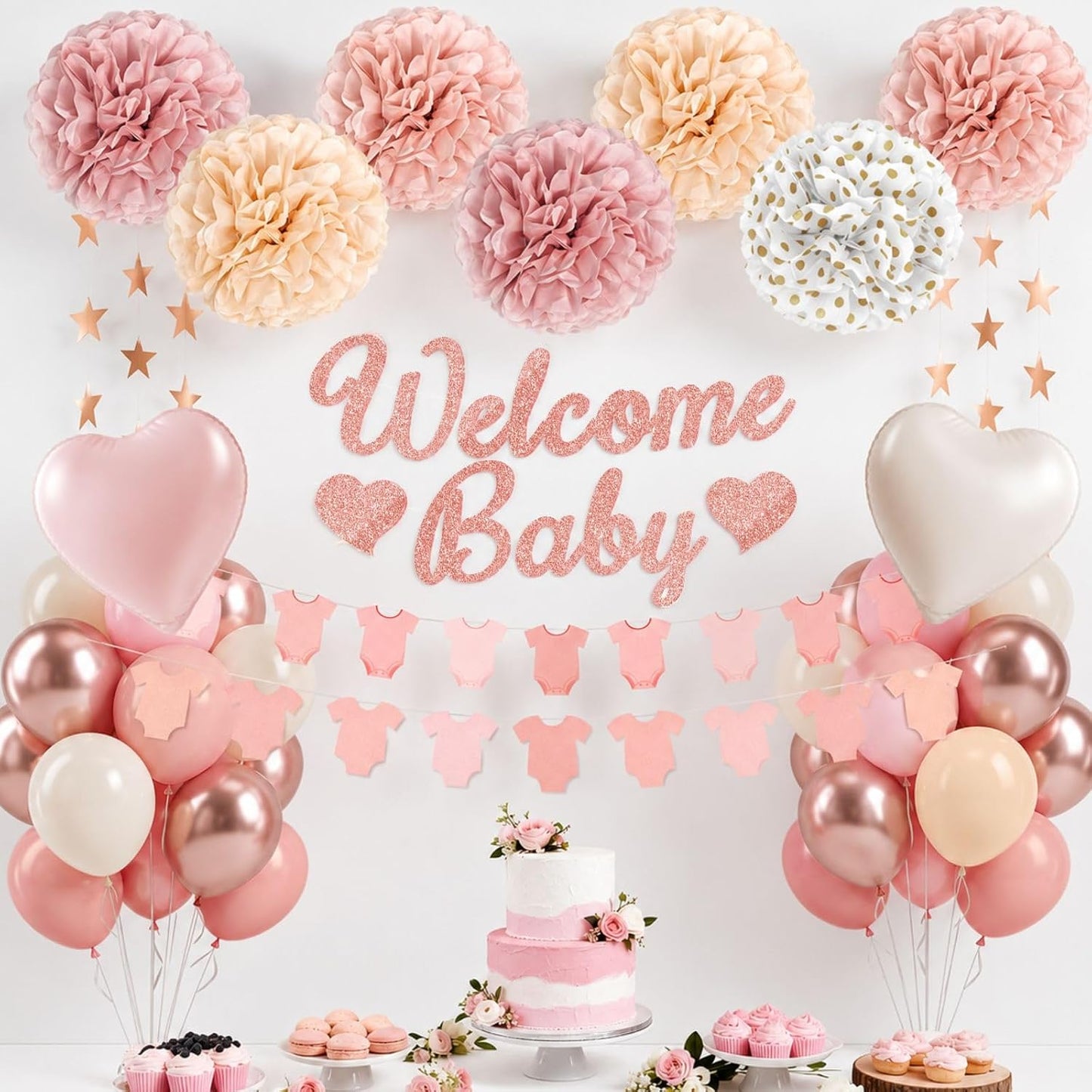 Pink Baby Shower Decorations with Dusty Light Pink Beige Gold Paper Pompoms Nude Sand White Metallic Rose Gold Balloons Banner Gold Garland for Baby Shower Decorations