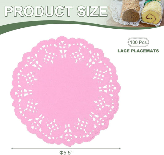 Paper Doilies, Paper Lace Doilies Disposable Round Modern Decorative Placemats Bulk, 5.5 Inch Fit for Cakes Desserts Crafts Baked Grilled Fried Food Tableware (100 Pack, Pink)