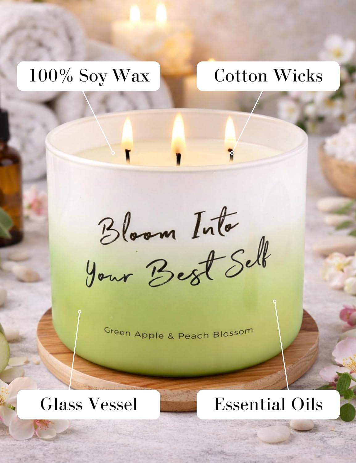Green Apple Peach Blossom Scented Soy Candle - Large 3-Wick Aromatherapy Candle for Home, 15.8oz - Fresh Fruity Scent - “Bloom Into Your Best Self” Quote - Inspirational Home Decor Gift