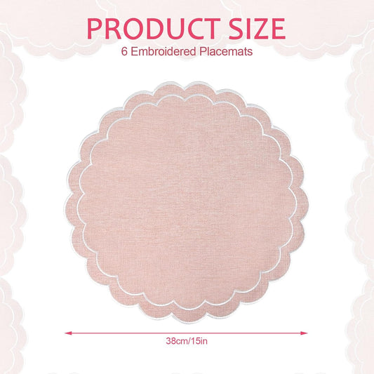 Set of 6 Cotton Linen Placemats, 15 Inch Scalloped Flower Embroidery Cloth Table Mats Double Layered Fabric Machine Washable Wrinkle Free Dining Placemat for Hotel Restaurant Kitchen, Pink